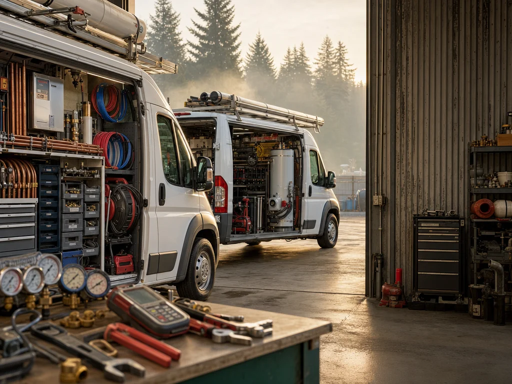 Uniformed plumbers and apprentices with fully stocked service trucks ready for same-day emergency response.