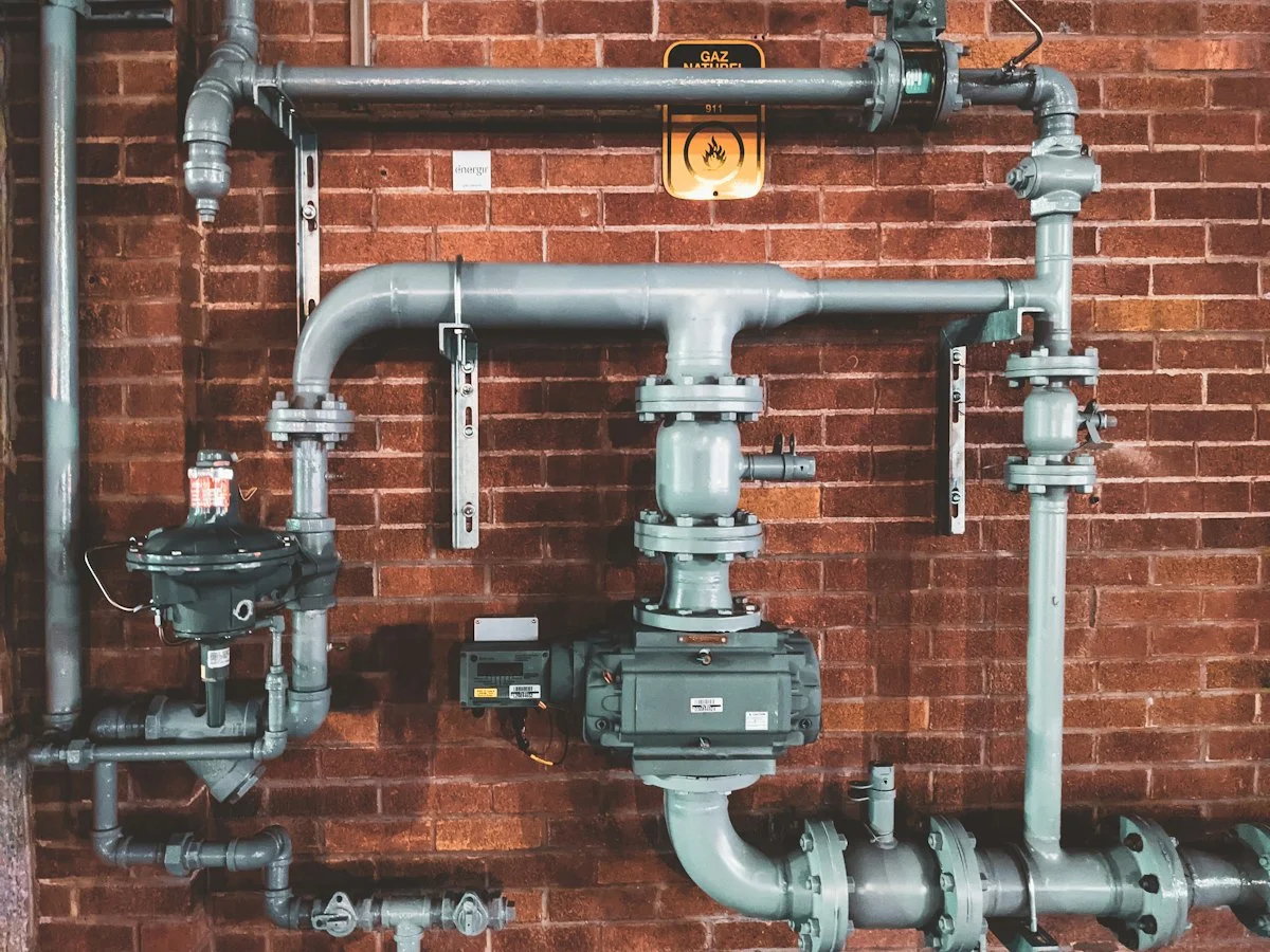 Black iron gas piping with dual regulators, ball valves, and safety shutoff on brick wall