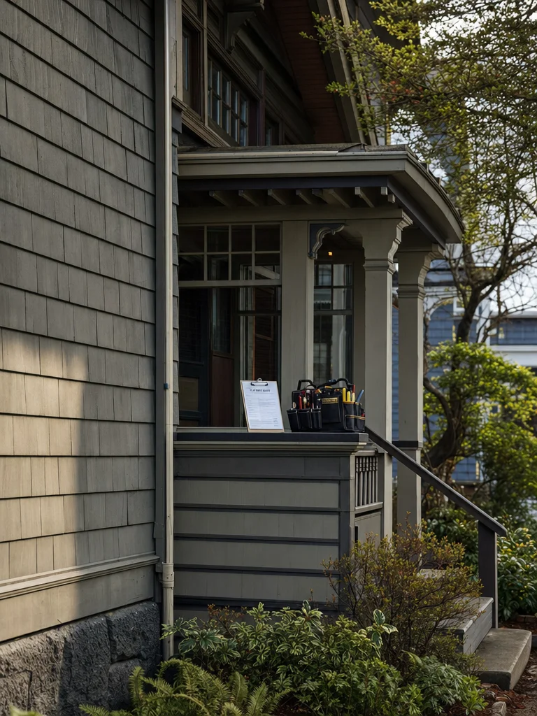 A licensed plumber installing a compact tankless water heater inside the small mechanical closet of an Eastlake condominium with Lake Union visible through the window.