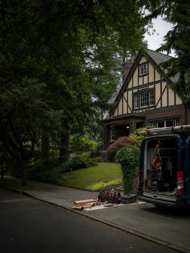 A uniformed plumber carrying a drain cleaning machine up the front steps of a brick Tudor home on a tree-lined street in Ravenna, Seattle.