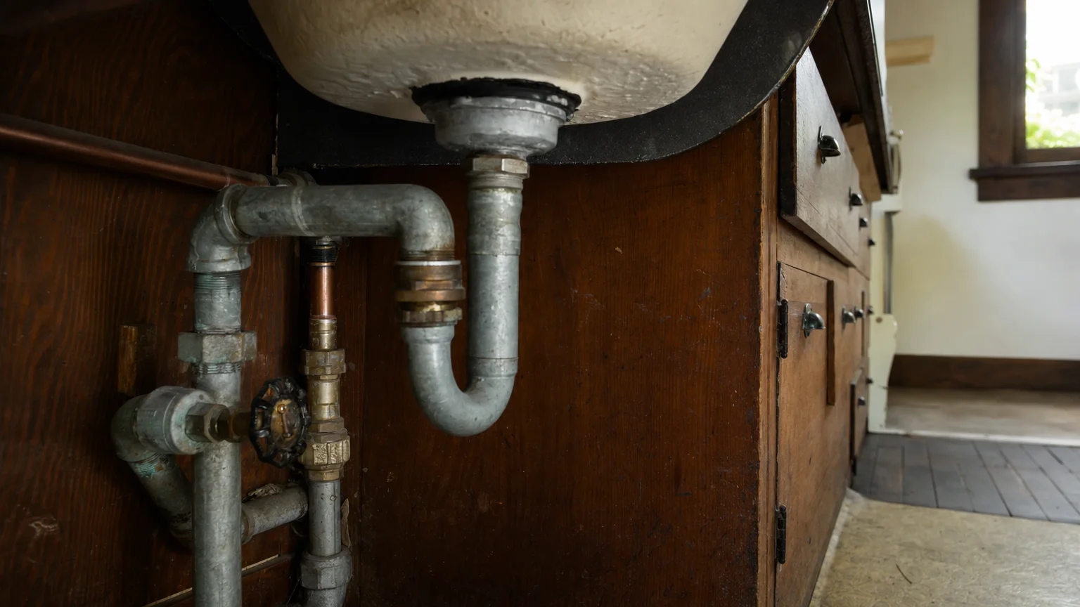 A licensed plumber working beneath the kitchen sink of a 1930s Craftsman bungalow in Ravenna, Seattle, with original wood cabinetry visible in the background.