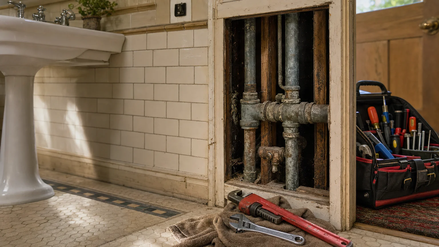 A uniformed plumber repairing a pipe under a kitchen sink inside an older Seattle home in the Ravenna neighborhood. Tools and replacement parts are laid out on a mat beside the cabinet.