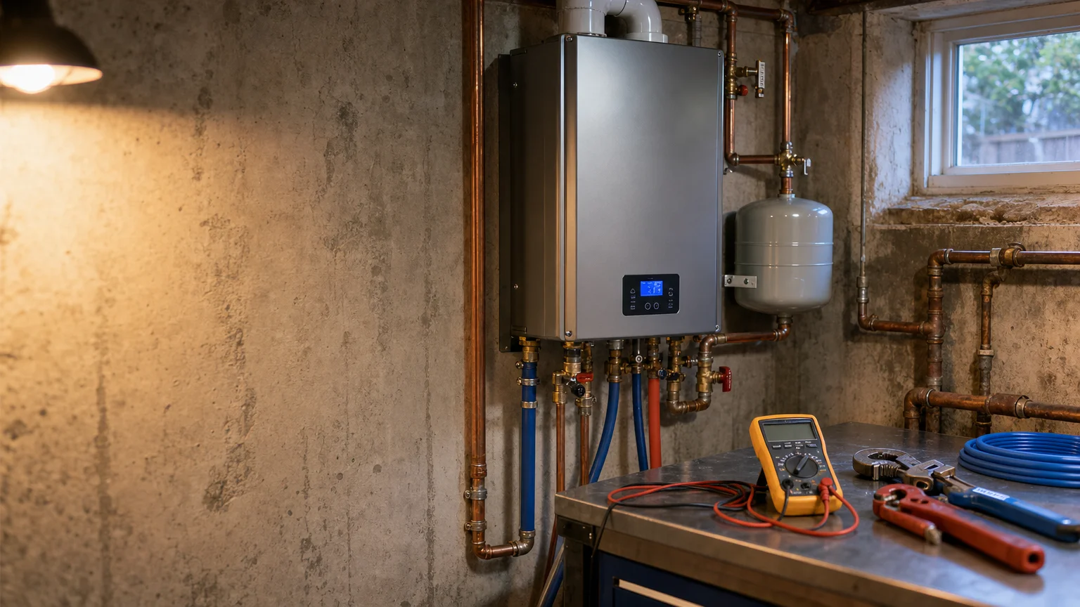 A uniformed plumber completing a water heater installation in the basement utility space of a Ravenna, Seattle home. The new tank is upright, seismically strapped to the wall, with clean pipe connections and a properly routed pressure relief valve.